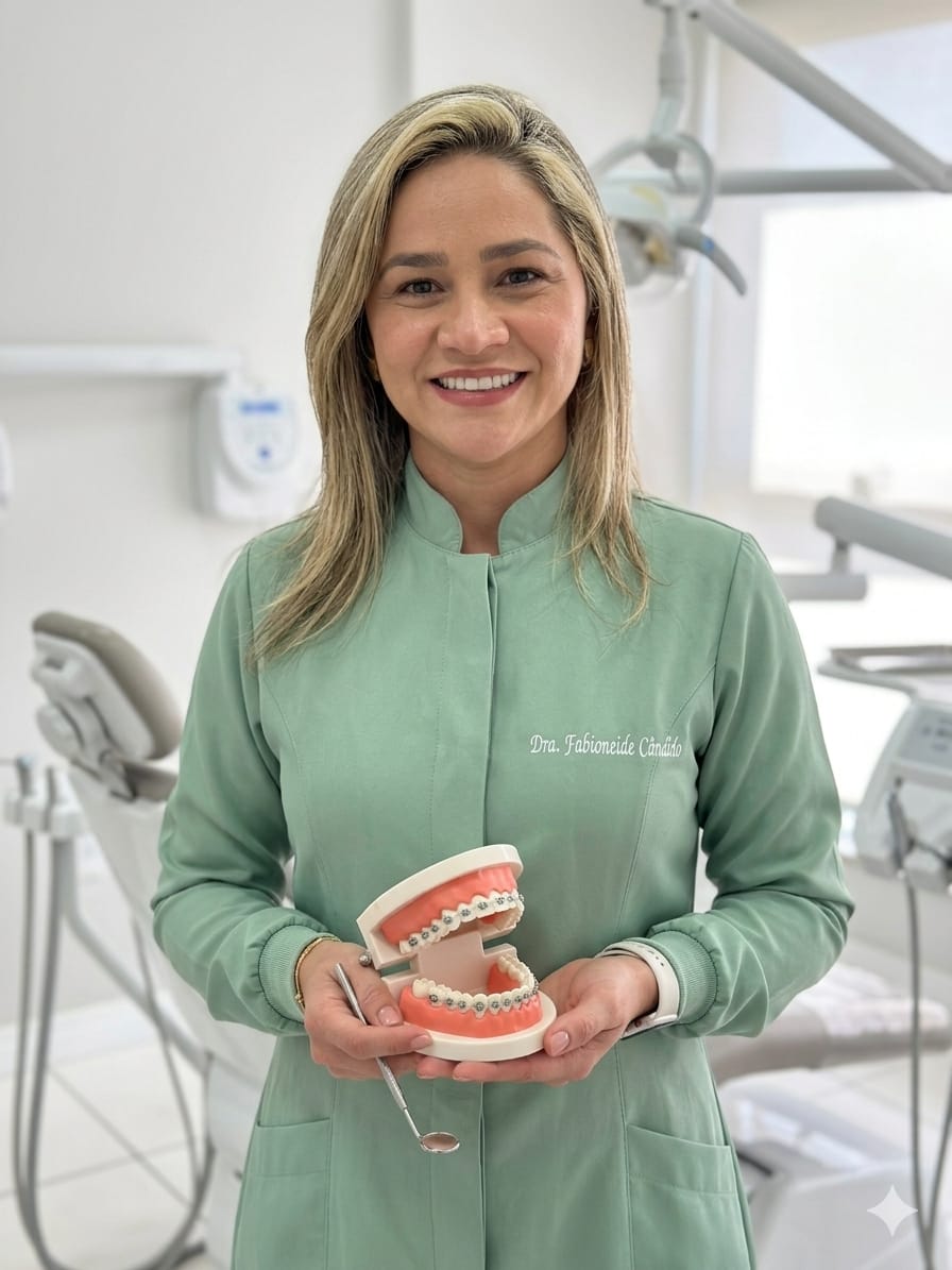 Dra. Fabi Cândido com scrub verde apresentando modelo com aparelho ortodôntico Dra. Fabi Cândido com scrub verde apresentando modelo com aparelho ortodôntico