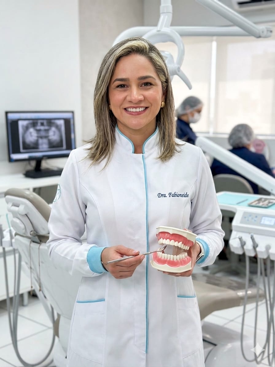 Dra. Fabi Cândido — Ortodontia, Ortopedia dos Maxilares e Implantes Dra. Fabi Cândido, dentista especialista em ortodontia e implantes em Curitiba, sorrindo em ambiente clínico