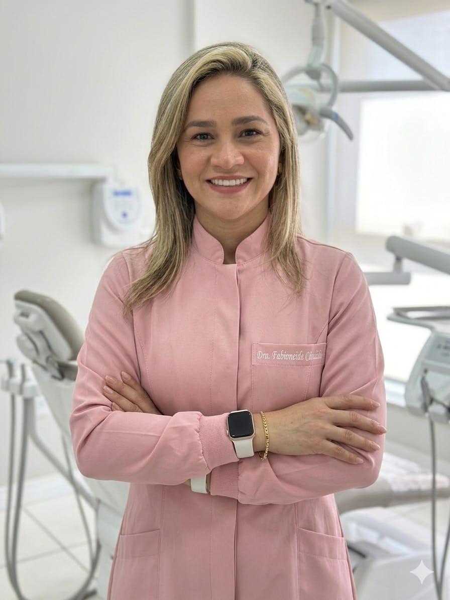 Atendimento humanizado — Dra. Fabi Cândido Dra. Fabi Cândido em atendimento no consultório, com jaleco e postura acolhedora